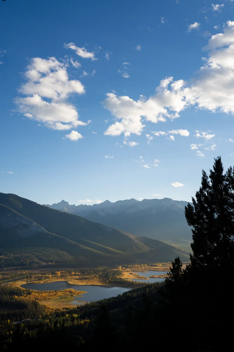 view of the vermillion lakes from a mountain look out