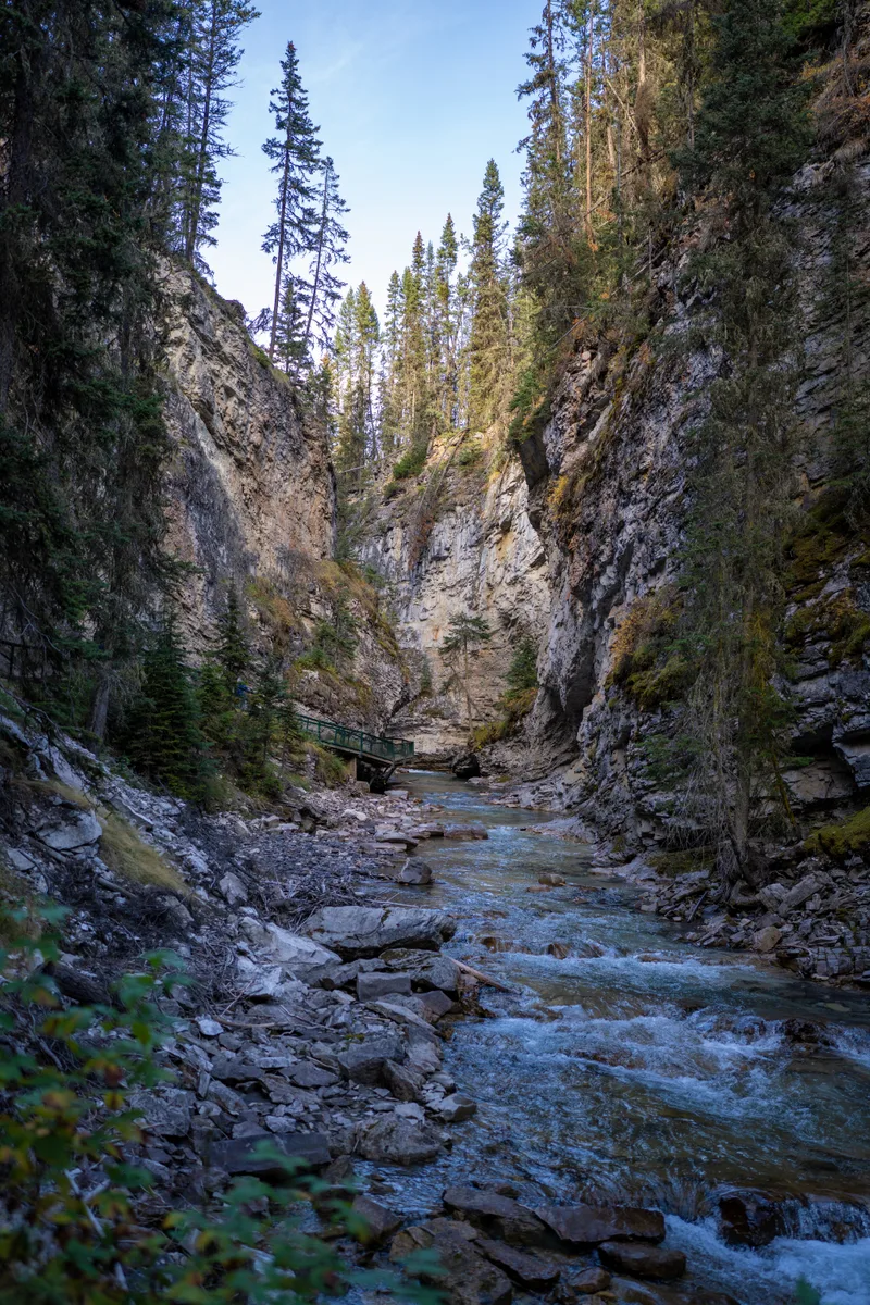 view of the start of the cliffside trail in johnston canyon
