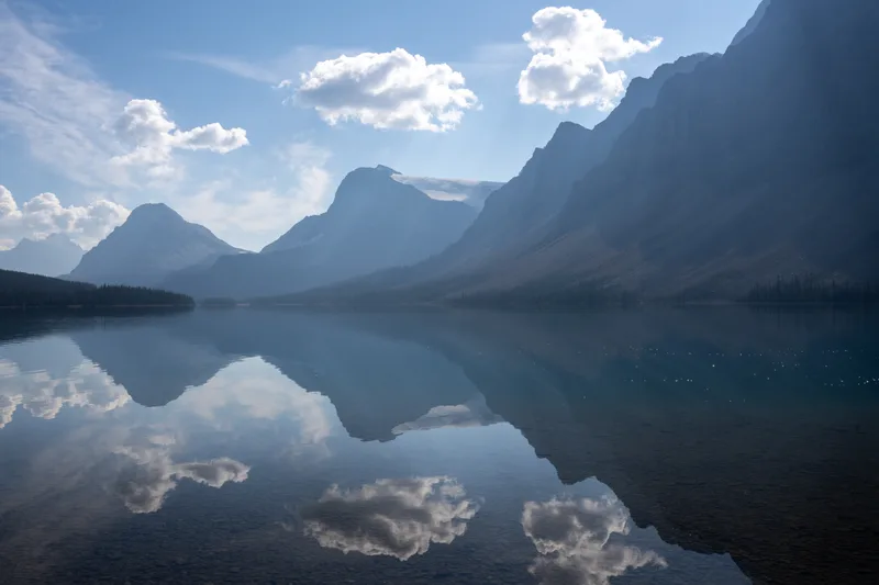 glacier and mountains over bow lake in banff national park