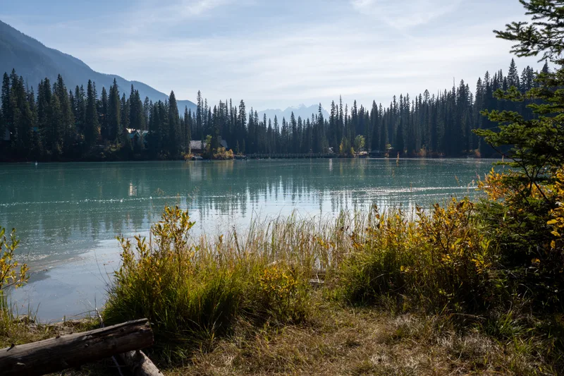 tall pines across emerald lake behind the lodge