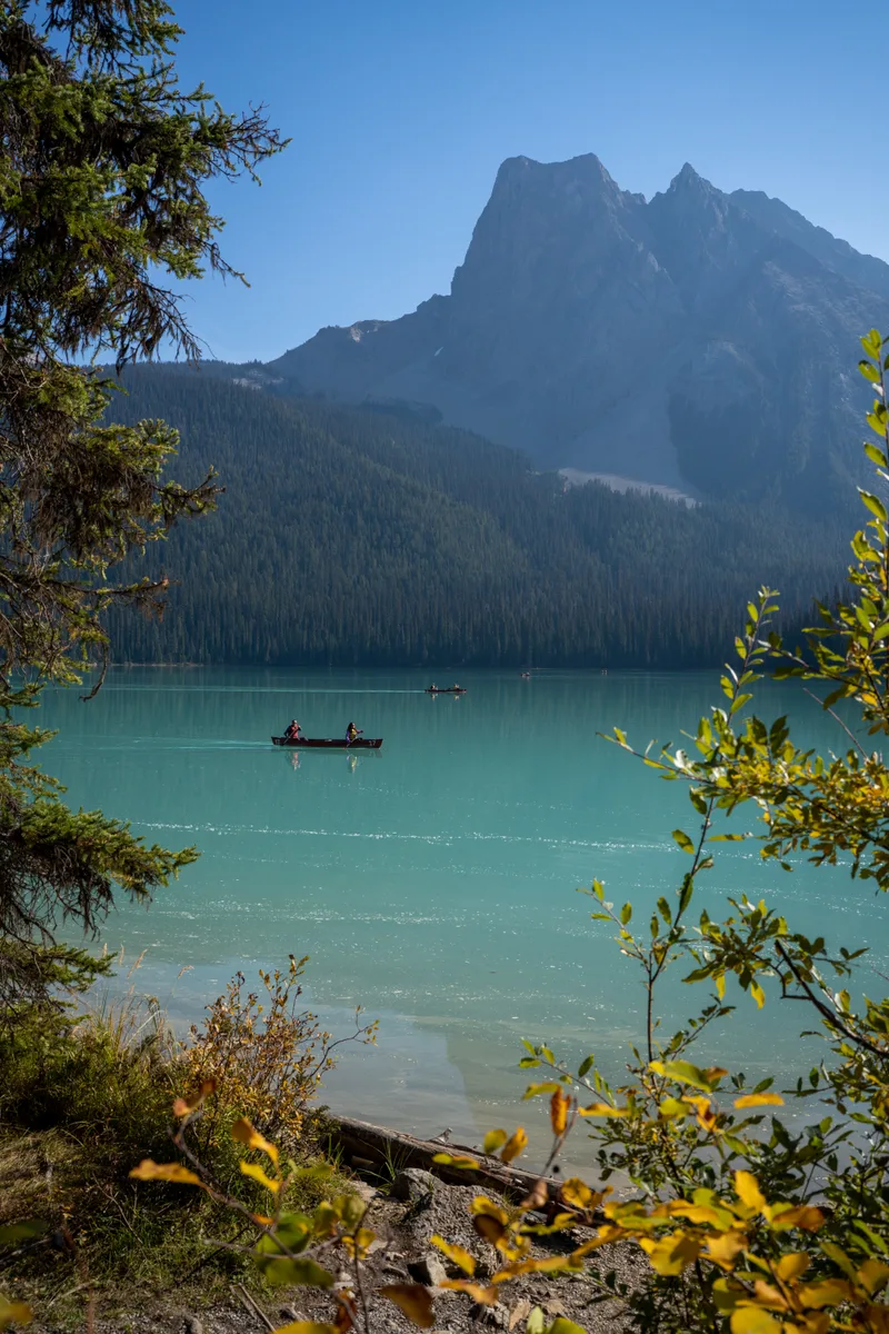 mt burgess across emerald lake with canoers paddling across