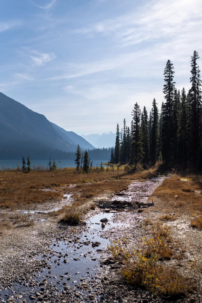 mountain stream flowing into emerald lake in autumn